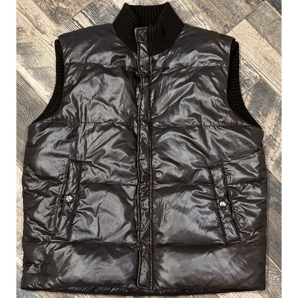 VTG 2008 Express Mens Nylon Puffer Vest Zip Snap Duck Down Feather Fill Brown L‎